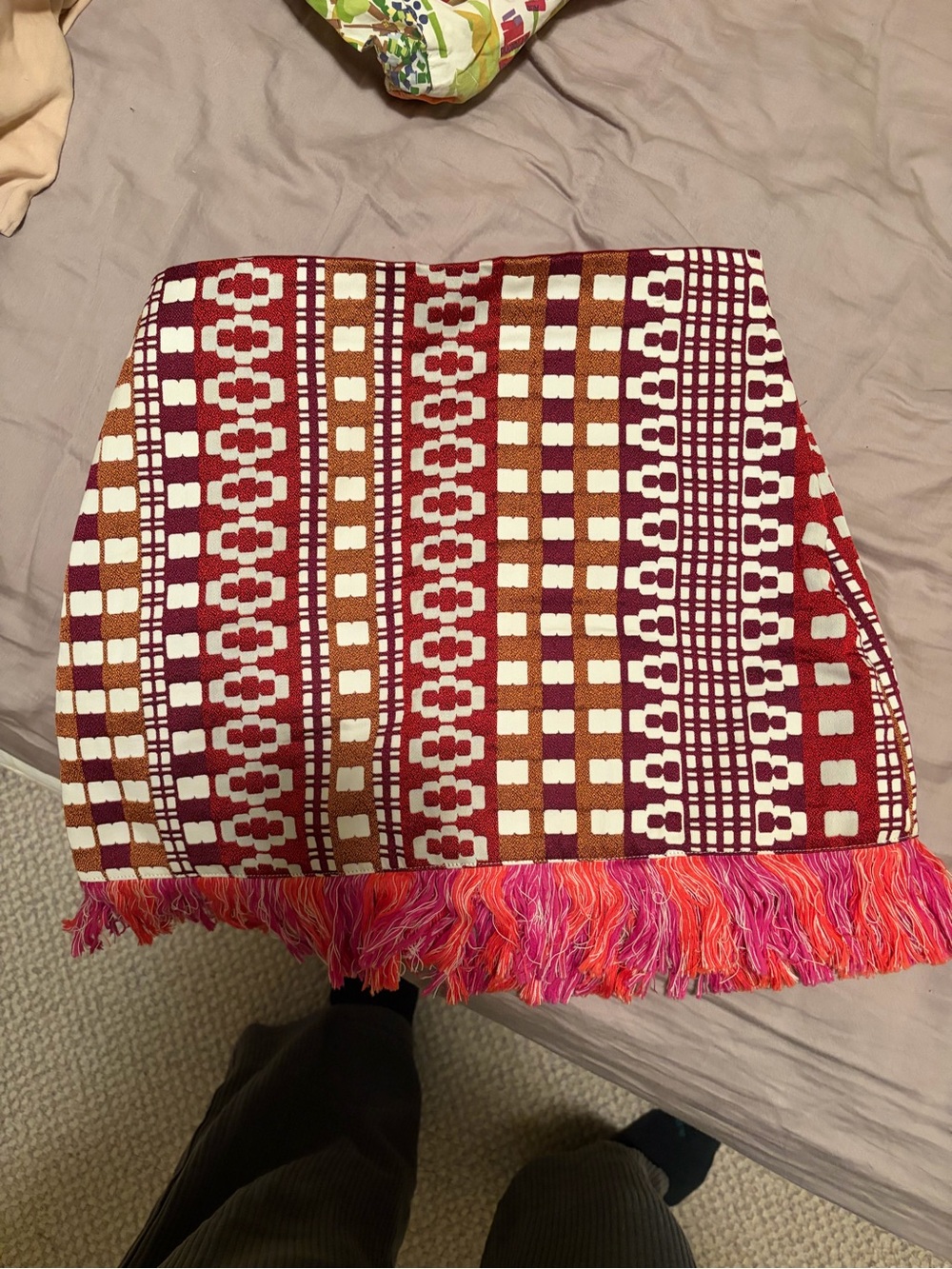 Pinko Red, Pink & Brown Patterned Fringe Mini Skirt